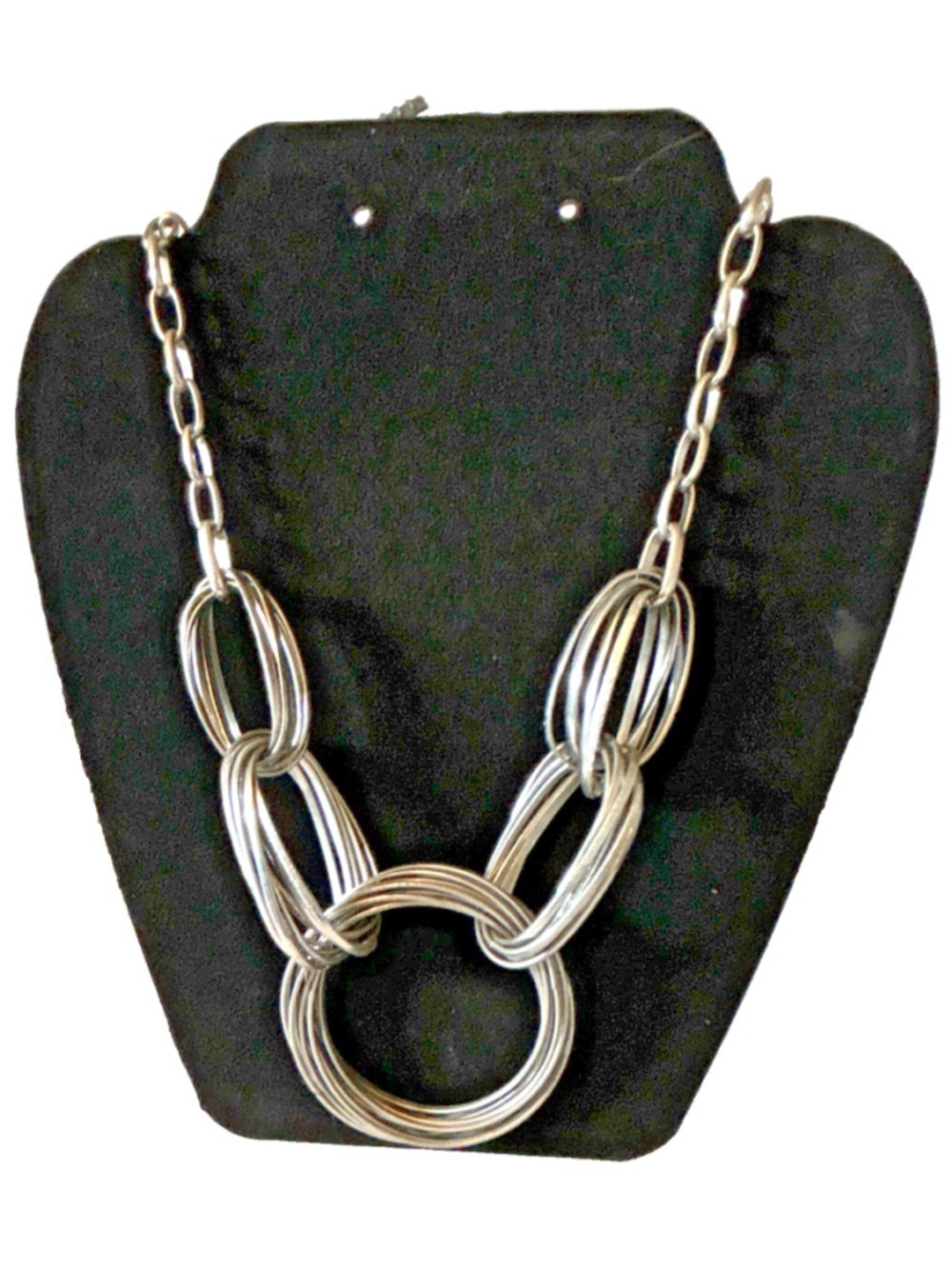 Silver Tone Oval Link Statement Chain Necklace‎ Round Loop Pendant Adjustable